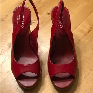 Cherry red peep toe sling back wedges